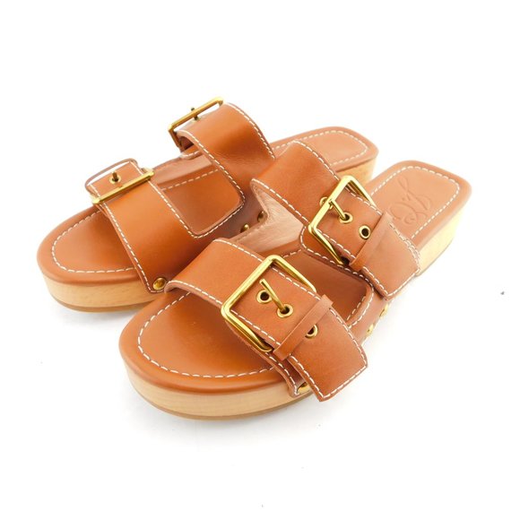 J. CREW Brown Leather Double Buckle Strap Slide Studded Wooden Heel Sandals 6.5 - Picture 3 of 8